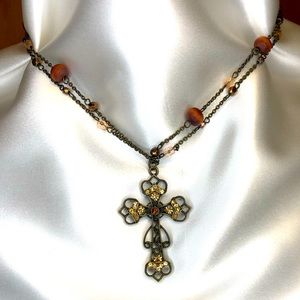 Women’s Cross Necklace with Yellow Gemstones and Brown Wooden Beads